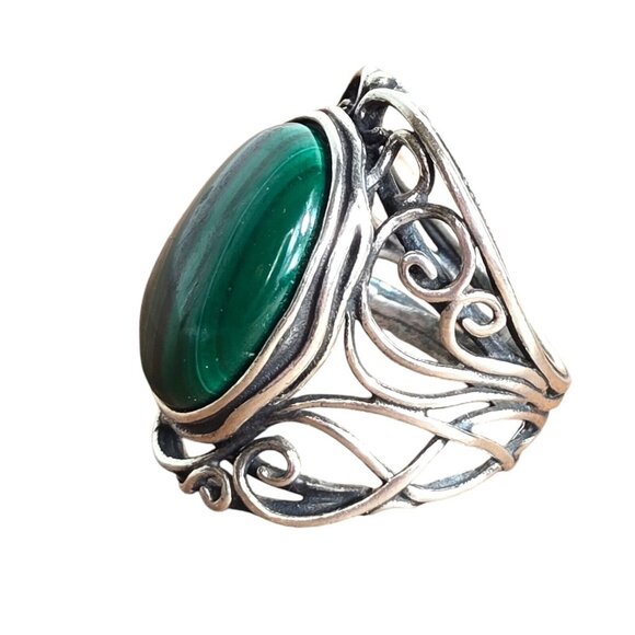 Vintage Malachite PZ Israel Sterling Statement Ring Sz 7.5 Mens‎ Womens - Picture 4 of 7